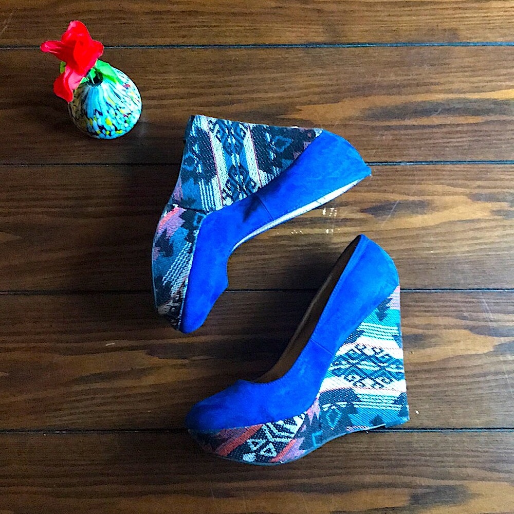 Blue Aztec Wedge Platform Heels